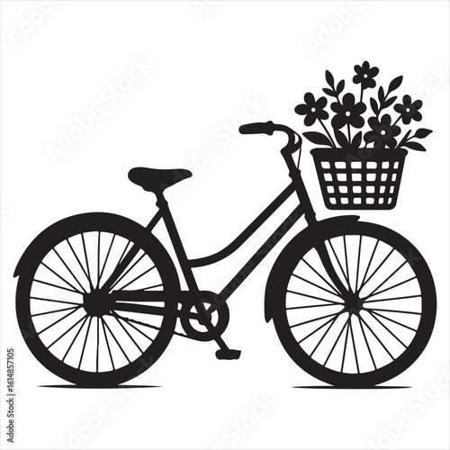 Charming black silhouette of a vintage bicycle with a basket of flowers. Simple vector illustration design element.