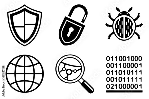 Cybersecurity Icons Shield Lock Bug Globe Magnifying Glass Binary Code.