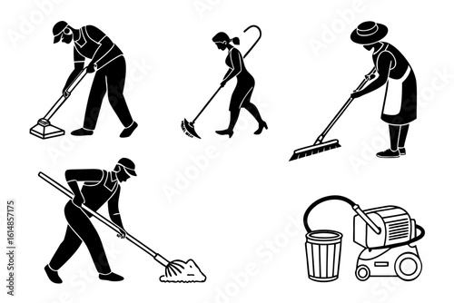 Diverse People Cleaning with Mops and Vacuum.