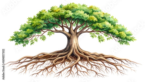 Illustration of a large tree with extensive roots