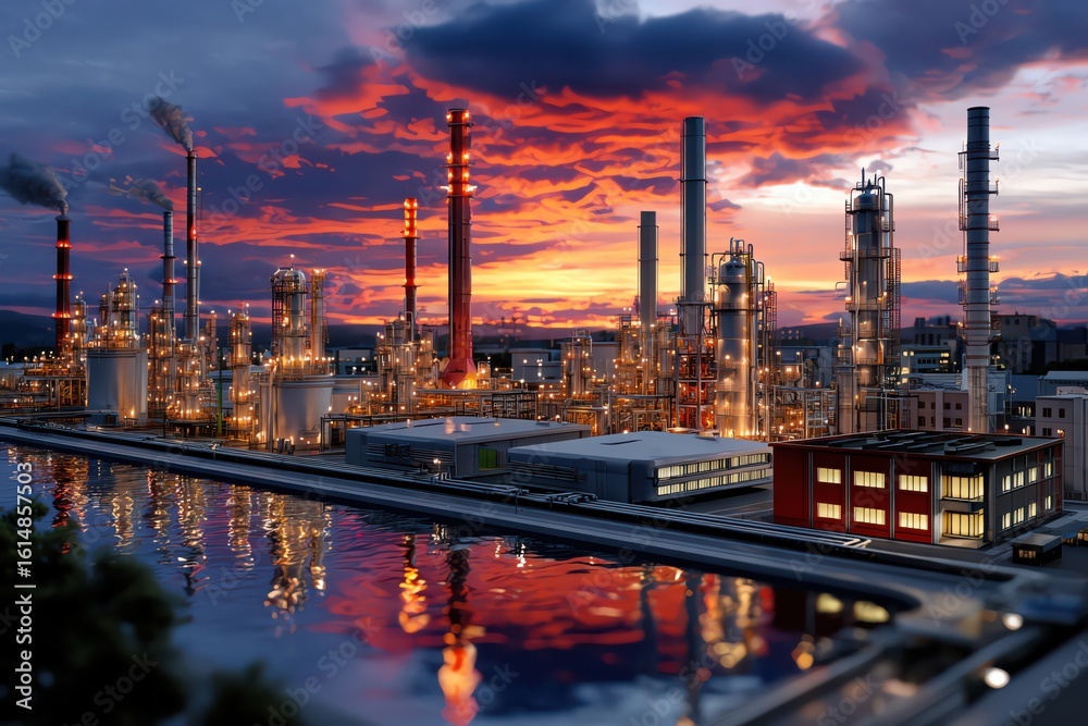 Fototapeta premium Industrial complex under a colorful sunset sky.