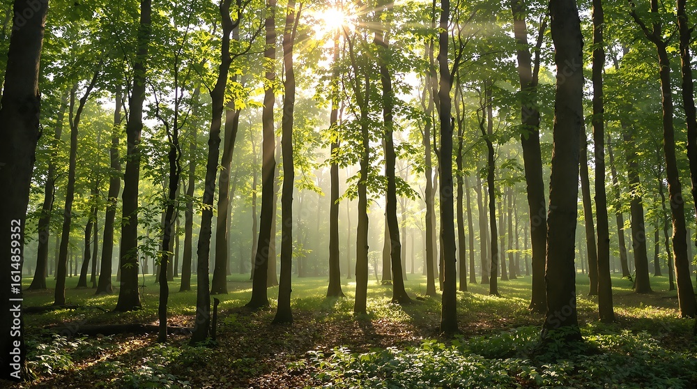 Obraz premium Sunbeams pierce lush green forest canopy creating a tranquil, magical woodland atmosphere