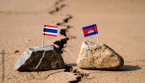 Thailand and Cambodia flags perched on cracked stones, symbolizing fragile peace and territorial strain