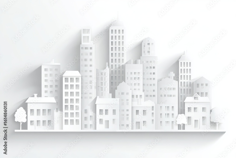 Fototapeta premium Modern Paper Cutout Cityscape Illustration with Shadows and Minimalist Design