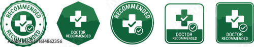 A set of green "Doctor Recommended" seals and badges in various shapes. This graphic collection is perfect for packaging and advertising health products, supplements