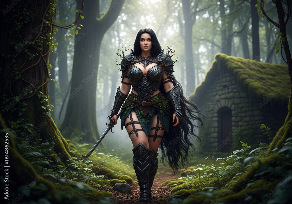 Obraz premium The beautiful bold woman who takes care of the forest