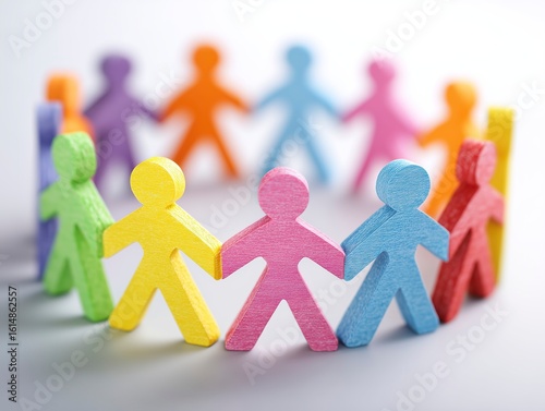 Colorful Wooden Figures Holding Hands, Symbolizing Teamwork & Diversity, for Corporate Culture, Public Welfare, Education