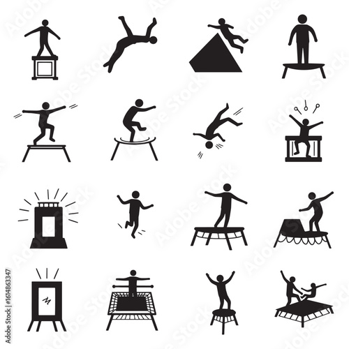 Collection of black and white icon illustrations depicting acrobatics and circus performances