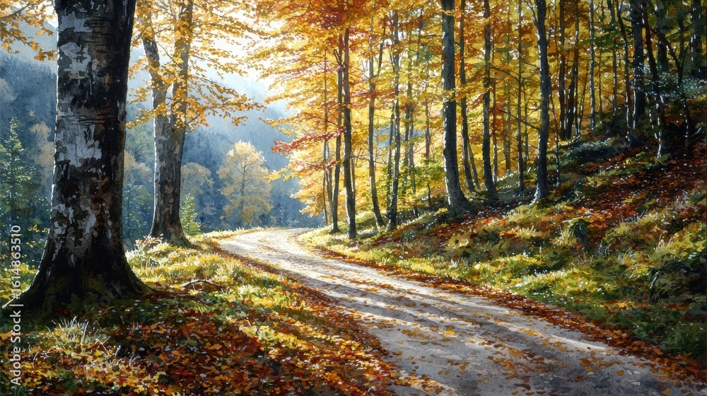 Fototapeta premium A Winding Dirt Road Through the Forest, Inviting You to Explore Nature’s Tranquil Beauty