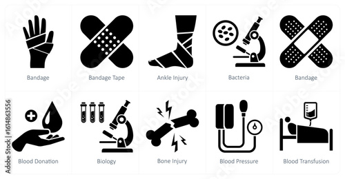 A set of 10 mix icons as bandage, bandage tape, ankle injury