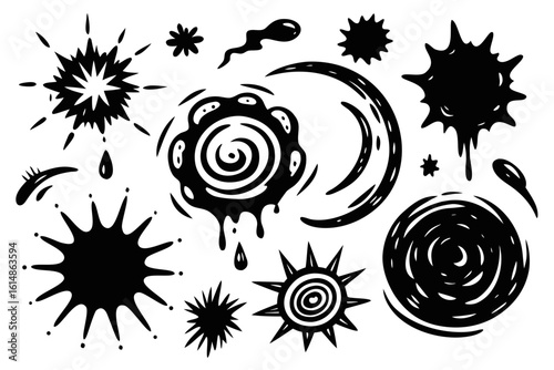 Dynamic splash shapes and abstract elements create an energetic, modern visual for dynamic projects seeking a bold artistic touch.