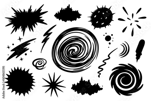 Dynamic collection of black abstract graphic elements and comic style explosion shapes, perfect for adding energy and impact to designs, creating visual flair and excitement