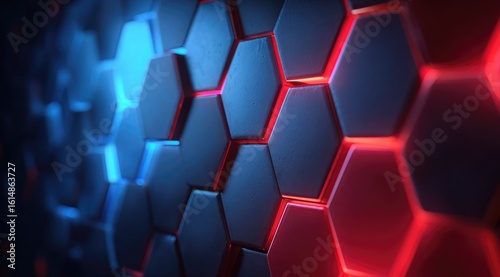 Abstract hexagonal pattern with blue and red glowing edges