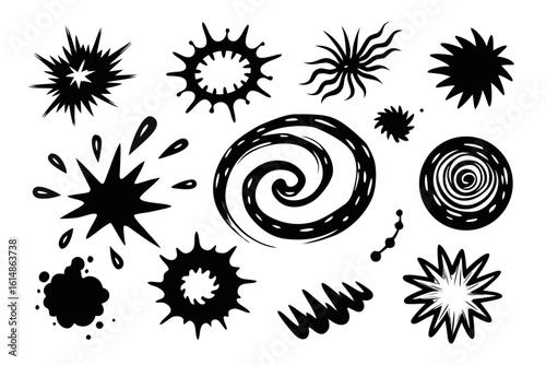 Dynamic black abstract shapes and splashes capture energy, movement, and impact for exciting design projects, perfect for modern creative concepts.