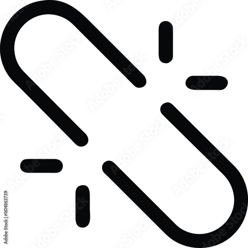 Broken chain link icon with sparks on white background