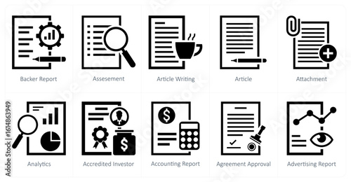 A set of 10 mix icons as backer report, assessment, article writing