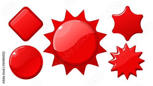 Set of shiny red promotional badge shapes with smooth plastic texture, various abstract spiked and rounded forms, isolated on white background
