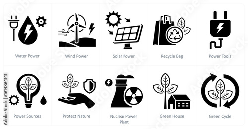 A set of 10 mix icons as water power, wind power, solar power