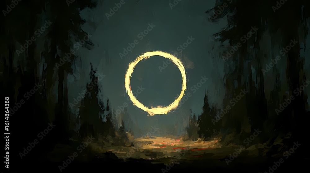 Fototapeta premium Surreal forest scene featuring a neon ring, casting ethereal reflections and soft illumination through tree trunks and undergrowth.