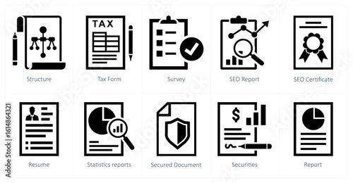 A set of 10 mix icons as structure, tax form, survey