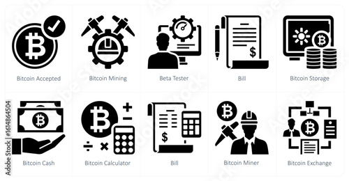A set of 10 mix icons as bitcoin accepted, bitcoin mining, beta tester