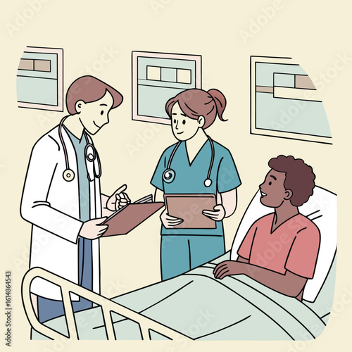 Medical team discussing case with clipboard