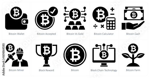 A set of 10 mix icons as bitcoin wallet, bitcoin accepted, bitcoin vs gold