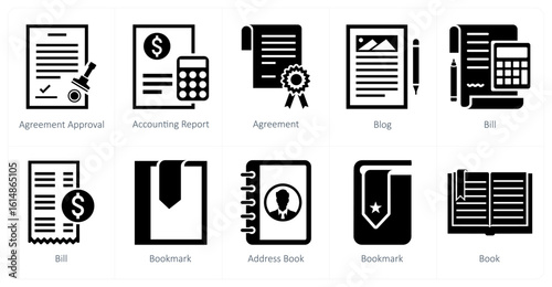 A set of 10 mix icons as agreement approval, accoounting report, agreement