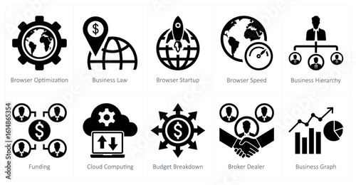 A set of 10 mix icons as browser optimization, business law, browser startup