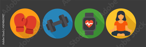Fitness and Wellness Icon Set with Boxing, Dumbbell, Heart Rate Watch, and Meditation Pose