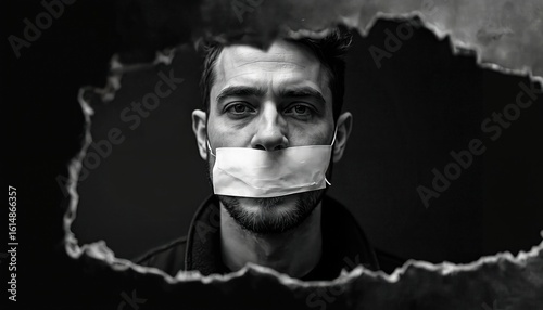 Man with mouth taped shut in black and white. Symbolizes censorship, oppression, and silenced voice. Represents struggle for free speech, conveying hidden messages and mystery.