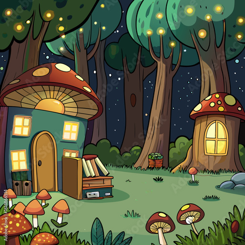 whimsical forest clearing at night, illuminated by glowing mushrooms and fireflies, with a small library nestled among the trees, warm light spilling from its windows