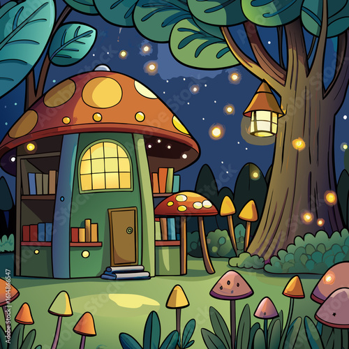whimsical forest clearing at night, illuminated by glowing mushrooms and fireflies, with a small library nestled among the trees, warm light spilling from its windows
