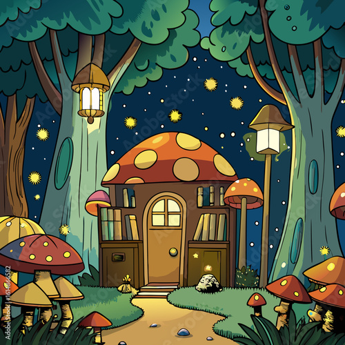 whimsical forest clearing at night, illuminated by glowing mushrooms and fireflies, with a small library nestled among the trees, warm light spilling from its windows