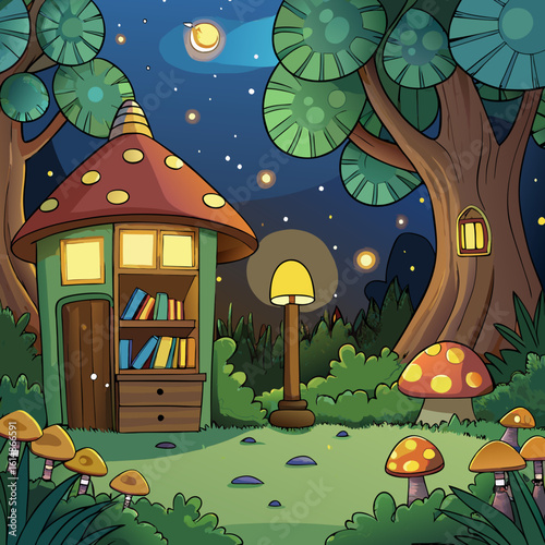 whimsical forest clearing at night, illuminated by glowing mushrooms and fireflies, with a small library nestled among the trees, warm light spilling from its windows