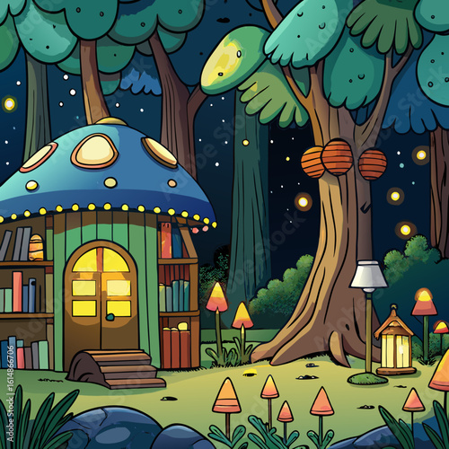 whimsical forest clearing at night, illuminated by glowing mushrooms and fireflies, with a small library nestled among the trees, warm light spilling from its windows