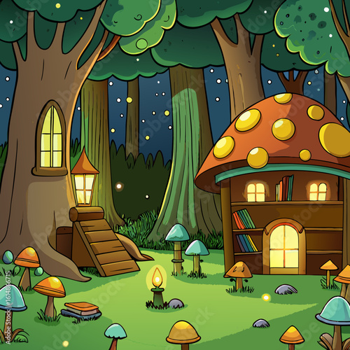 whimsical forest clearing at night, illuminated by glowing mushrooms and fireflies, with a small library nestled among the trees, warm light spilling from its windows