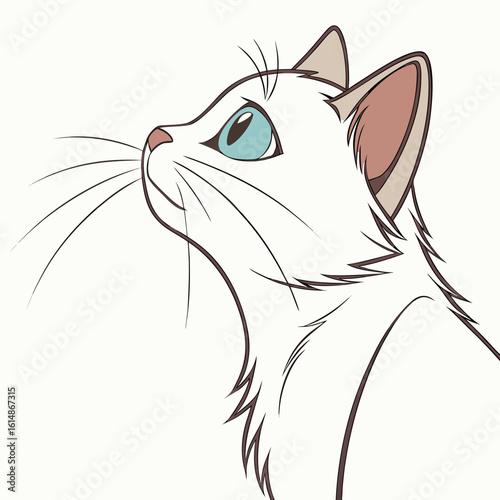 Close up illustration of a white cat with striking blue eyes looking upwards