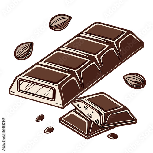 Delicious dark chocolate bar broken into pieces with almonds scattered around