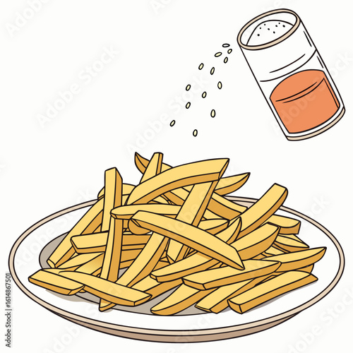 Hand drawn illustration of french fries on a plate with salt being sprinkled from a shaker