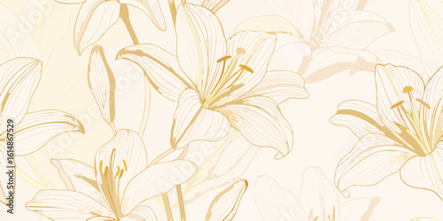 Elegant golden lily flowers seamless pattern on a light beige background