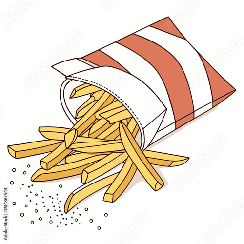 Illustration of a paper bag of french fries spilling onto a white background
