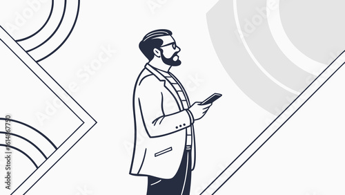 Illustration of a man with a beard wearing glasses and a jacket holding a phone with geometric shapes