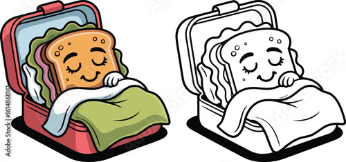 Cartoon sandwich sleeping in lunchbox vector illustration for kids healthy food concept