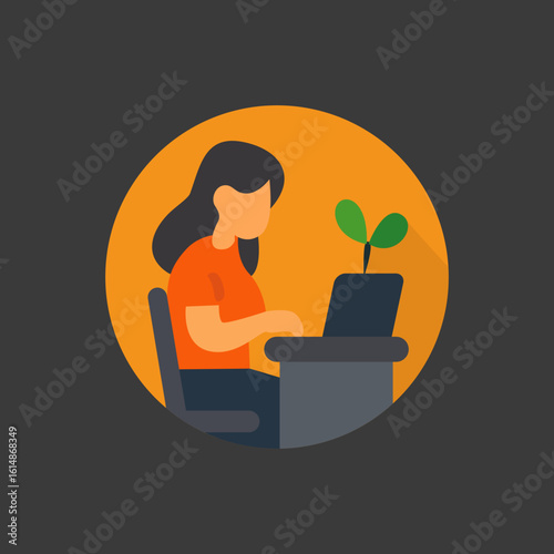 Woman Working on Laptop with Plant - Wellness Workspace