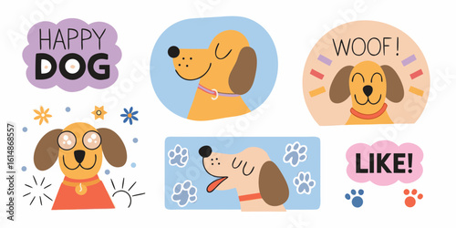Cute Dog Cartoon Illustrations with Happy Dog Woof Like and Paw Prints
