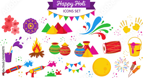  set of icons celebrating the Happy Holi festival. This collection is perfect for creating greeting cards, event flyers, social media posts, and educational materials about the festival of colors