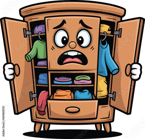 Cartoon closet overflowing with clothes illustration for organization and storage solutions tips