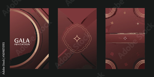 Elegant Gala Invitation Design with Burgundy and Gold Accents Set of Three