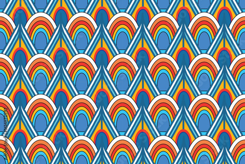 Retro Art Deco Fan Scale Pattern with Concentric Arcs and Bold Geometric Shapes